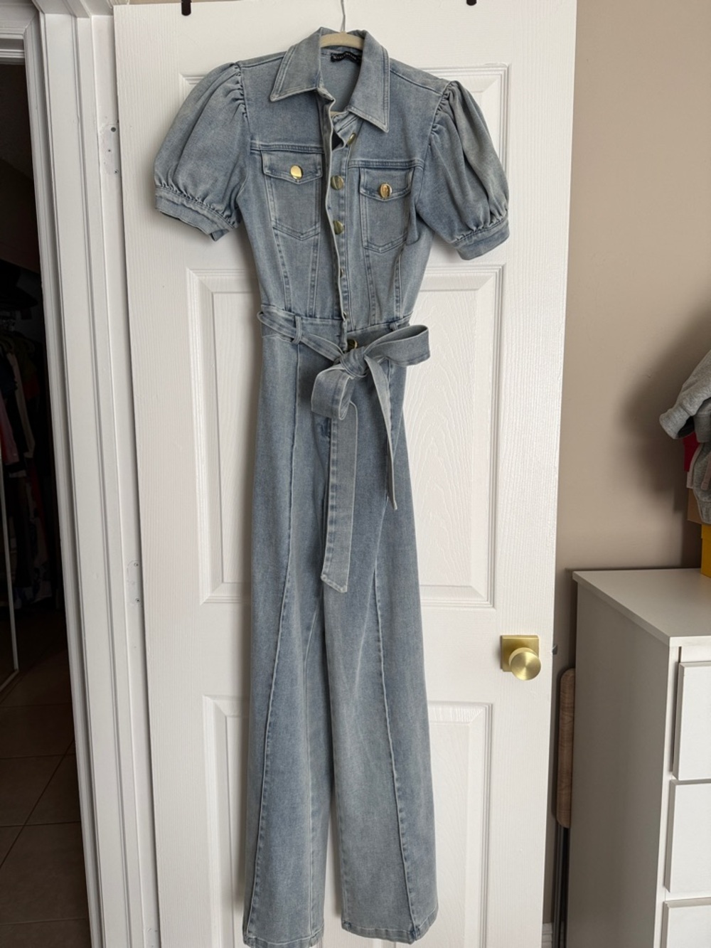 Light Wash Denim Jumpsuit with Puff Sleeves